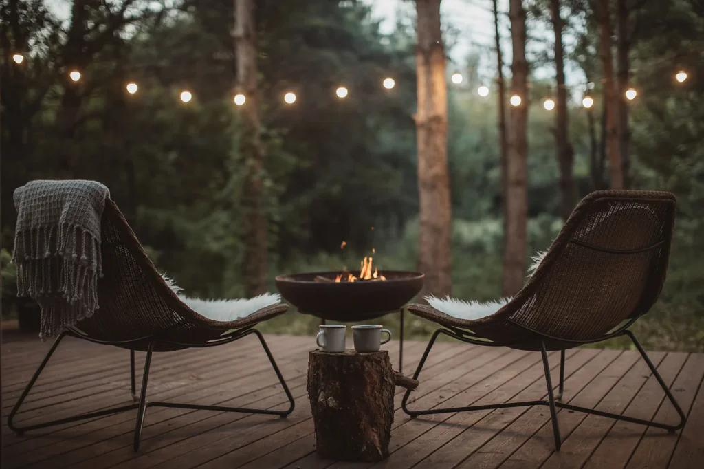 two deck chairs around a fire pit